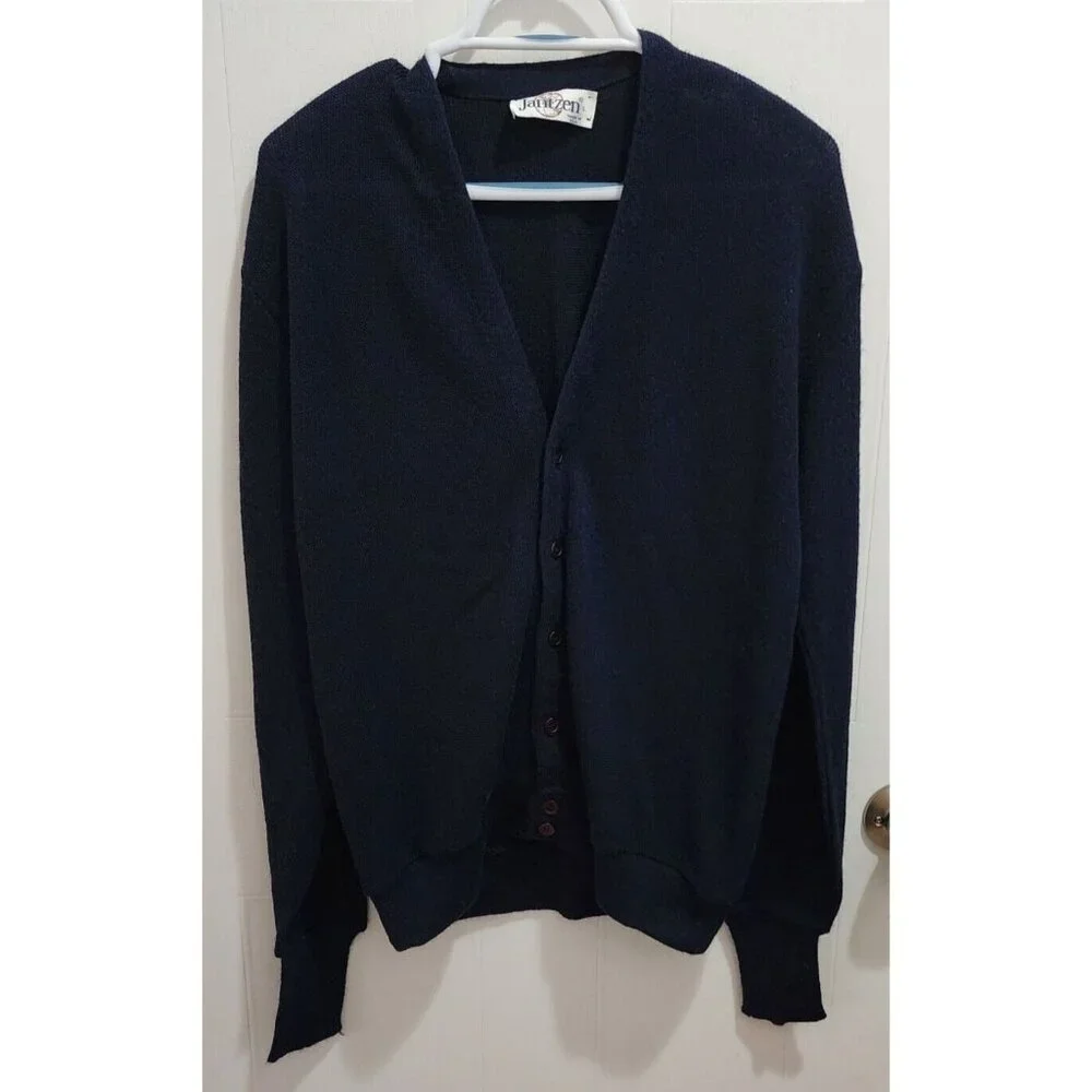 Vtg 70s Jantzen L/S Button Up Cardigan Sweater Blue Cobain Grandpa Grunge Size L